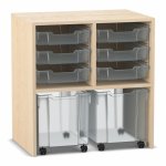 Flexeo Regal PRO, 2 Reihen, 6 Boxen Gr. S, 2 fahrbare XL-Boxen Ahorn honig mit Boxen transparent (Zoom)