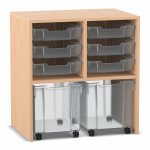 Flexeo Regal PRO, 2 Reihen, 6 Boxen Gr. S, 2 fahrbare XL-Boxen Buche hell mit Boxen transparent (Zoom)