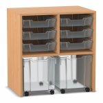 Flexeo Regal PRO, 2 Reihen, 6 Boxen Gr. S, 2 fahrbare XL-Boxen Buche dunkel mit Boxen transparent (Zoom)