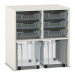 Flexeo Regal PRO, 2 Reihen, 6 Boxen Gr. S, 2 fahrbare XL-Boxen weiß mit Boxen transparent (Zoom)