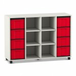 Flexeo Regal, 4 Reihen, 8 große Boxen, 6 Fächer mittig weiß mit Boxen orange (Zoom)