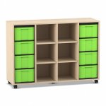 Flexeo Regal, 4 Reihen, 8 große Boxen, 6 Fächer mittig Ahorn honig mit Boxen grün (Zoom)
