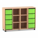 Flexeo Regal, 4 Reihen, 8 große Boxen, 6 Fächer mittig Buche hell mit Boxen grün (Zoom)