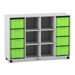 Flexeo Regal, 4 Reihen, 8 große Boxen, 6 Fächer mittig grau mit Boxen grün (Zoom)