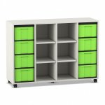 Flexeo Regal, 4 Reihen, 8 große Boxen, 6 Fächer mittig weiß mit Boxen grün (Zoom)