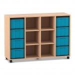 Flexeo Regal, 4 Reihen, 8 große Boxen, 6 Fächer mittig Buche hell mit Boxen blau (Zoom)