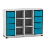 Flexeo Regal, 4 Reihen, 8 große Boxen, 6 Fächer mittig grau mit Boxen blau (Zoom)