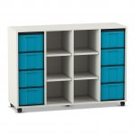 Flexeo Regal, 4 Reihen, 8 große Boxen, 6 Fächer mittig weiß mit Boxen blau (Zoom)