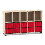 Flexeo Regal, 5 Reihen, 10 große Boxen, 5 Fächer oben Ahorn honig mit Boxen rot (Zoom)