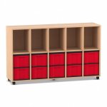 Flexeo Regal, 5 Reihen, 10 große Boxen, 5 Fächer oben Buche hell mit Boxen rot (Zoom)
