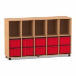 Flexeo Regal, 5 Reihen, 10 große Boxen, 5 Fächer oben Buche dunkel mit Boxen rot (Zoom)
