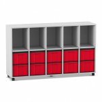 Flexeo Regal, 5 Reihen, 10 große Boxen, 5 Fächer oben grau mit Boxen rot (Zoom)