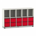 Flexeo Regal, 5 Reihen, 10 große Boxen, 5 Fächer oben weiß mit Boxen rot (Zoom)