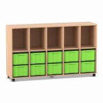 Flexeo Regal, 5 Reihen, 10 große Boxen, 5 Fächer oben Buche hell mit Boxen grün (Zoom)