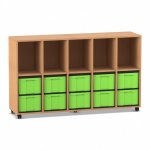 Flexeo Regal, 5 Reihen, 10 große Boxen, 5 Fächer oben Buche dunkel mit Boxen grün (Zoom)