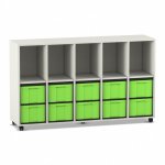 Flexeo Regal, 5 Reihen, 10 große Boxen, 5 Fächer oben weiß mit Boxen grün (Zoom)