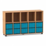 Flexeo Regal, 5 Reihen, 10 große Boxen, 5 Fächer oben Buche dunkel mit Boxen blau (Zoom)