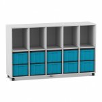 Flexeo Regal, 5 Reihen, 10 große Boxen, 5 Fächer oben grau mit Boxen blau (Zoom)