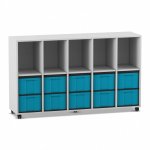 Flexeo Regal, 5 Reihen, 10 große Boxen, 5 Fächer oben grau mit Boxen blau (Zoom)
