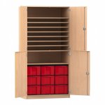 Flexeo Bastelschrank Julia, 9 große Boxen, 9 Fächer Buche hell mit Boxen rot (Zoom)