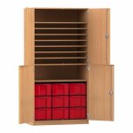 Flexeo Bastelschrank Julia, 9 große Boxen, 9 Fächer Buche dunkel mit Boxen rot (Zoom)