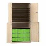 Flexeo Bastelschrank Julia, 9 große Boxen, 9 Fächer Ahorn honig mit Boxen grün (Zoom)