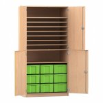 Flexeo Bastelschrank Julia mit 9 großen Boxen Buche hell mit Boxen grün (Zoom)