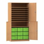 Flexeo Bastelschrank Julia, 9 große Boxen, 9 Fächer Buche dunkel mit Boxen grün (Zoom)