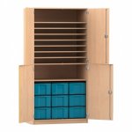 Flexeo Bastelschrank Julia, 9 große Boxen, 9 Fächer Buche hell mit Boxen blau (Zoom)