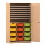 Flexeo Bastelschrank PRO, 3 Reihen, 12 Boxen Gr. M, 8 Fächer Buche hell mit Boxen bunt (Zoom)