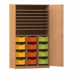 Flexeo Bastelschrank PRO, 3 Reihen, 12 Boxen Gr. M, 8 Fächer Buche dunkel mit Boxen bunt (Zoom)