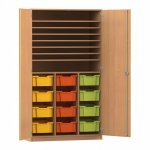 Flexeo Bastelschrank PRO, 3 Reihen, 12 Boxen Gr. M, 8 Fächer Buche dunkel mit Boxen bunt (Zoom)