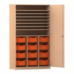 Flexeo Bastelschrank PRO, 3 Reihen, 12 Boxen Gr. M, 8 Fächer Buche hell mit Boxen orange (Zoom)