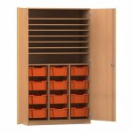 Flexeo Bastelschrank PRO, 3 Reihen, 12 Boxen Gr. M, 8 Fächer Buche dunkel mit Boxen orange (Zoom)