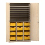 Flexeo Bastelschrank PRO, 3 Reihen, 12 Boxen Gr. M, 8 Fächer Ahorn honig mit Boxen gelb (Zoom)