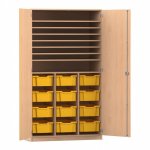 Flexeo Bastelschrank PRO, 3 Reihen, 12 Boxen Gr. M, 8 Fächer Buche hell mit Boxen gelb (Zoom)