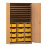 Flexeo Bastelschrank PRO, 3 Reihen, 12 Boxen Gr. M, 8 Fächer Buche dunkel mit Boxen gelb (Zoom)