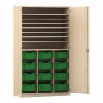 Flexeo Bastelschrank PRO, 3 Reihen, 12 Boxen Gr. M, 8 Fächer Ahorn honig mit Boxen dunkelgrün (Zoom)