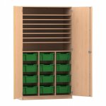 Flexeo Bastelschrank PRO, 3 Reihen, 12 Boxen Gr. M, 8 Fächer Buche hell mit Boxen dunkelgrün (Zoom)