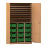 Flexeo Bastelschrank PRO, 3 Reihen, 12 Boxen Gr. M, 8 Fächer Buche dunkel mit Boxen dunkelgrün (Zoom)