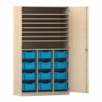 Flexeo Bastelschrank PRO, 3 Reihen, 12 Boxen Gr. M, 8 Fächer Ahorn honig mit Boxen hellblau (Zoom)
