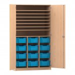 Flexeo Bastelschrank PRO, 3 Reihen, 12 Boxen Gr. M, 8 Fächer Buche hell mit Boxen hellblau (Zoom)