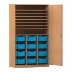 Flexeo Bastelschrank PRO, 3 Reihen, 12 Boxen Gr. M, 8 Fächer Buche dunkel mit Boxen hellblau (Zoom)