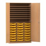 Flexeo Bastelschrank PRO, 3 Reihen, 24 Boxen Gr. S, 8 Fächer Buche dunkel mit Boxen gelb (Zoom)