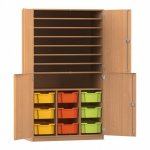 Flexeo Bastelschrank PRO, 3 Reihen, 9 Boxen Gr. M, 8 Fächer Buche dunkel mit Boxen bunt (Zoom)