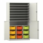 Flexeo Bastelschrank PRO, 3 Reihen, 9 Boxen Gr. M, 8 Fächer weiß mit Boxen bunt (Zoom)