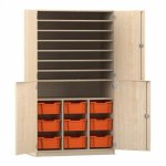 Flexeo Bastelschrank PRO, 3 Reihen, 9 Boxen Gr. M, 8 Fächer Ahorn honig mit Boxen orange (Zoom)