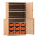 Flexeo Bastelschrank PRO, 3 Reihen, 9 Boxen Gr. M, 8 Fächer Buche hell mit Boxen orange (Zoom)