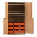 Flexeo Bastelschrank PRO, 3 Reihen, 9 Boxen Gr. M, 8 Fächer Buche dunkel mit Boxen orange (Zoom)