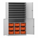 Flexeo Bastelschrank PRO, 3 Reihen, 9 Boxen Gr. M, 8 Fächer grau mit Boxen orange (Zoom)